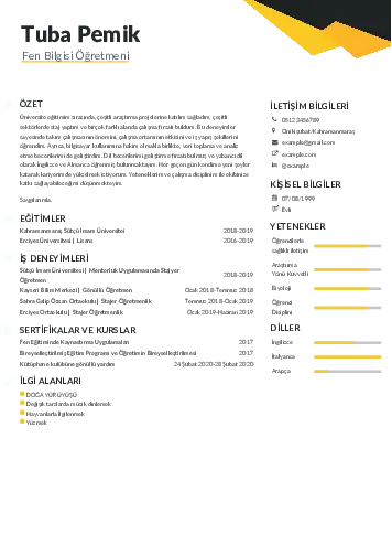 Fen Bilgisi Öğretmeni CV Örnekleri cv indir